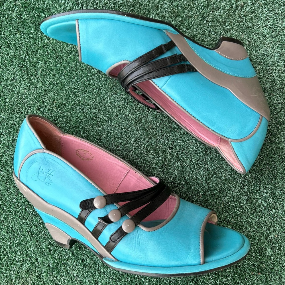 John Fluevog Vintage Miss April Peep Toe Wedge Heel Leather Turquoise Black 7 - Picture 3 of 13